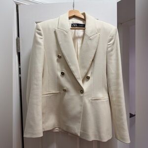 ZARA Cream Double-Breasted Textured Blazer